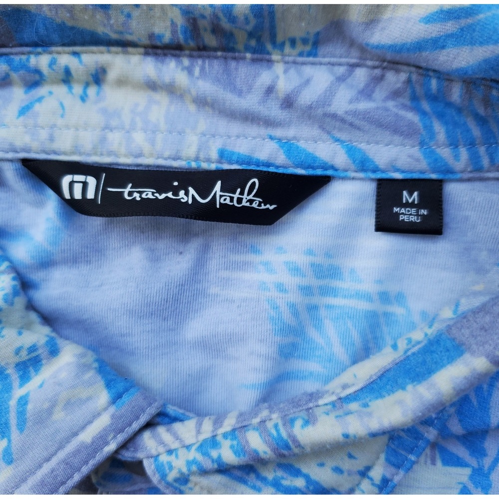 Travis Mathew Mens Blue Palm Geometric Print Polo Shirt Size M Pima Cotton Golf - Picture 6 of 7